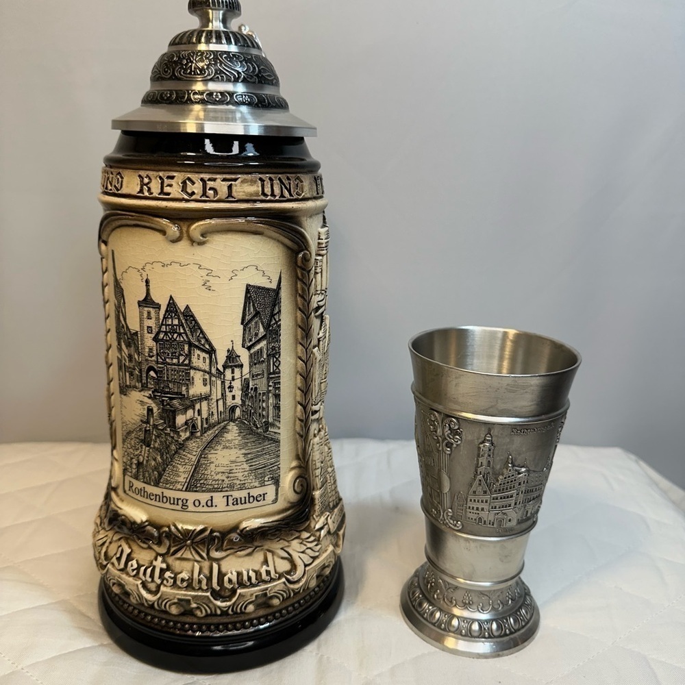 Rothenburg German Beer Stein Rustic Natural With Silver Tone Pewter Cup Vintage - Picture 12 of 15